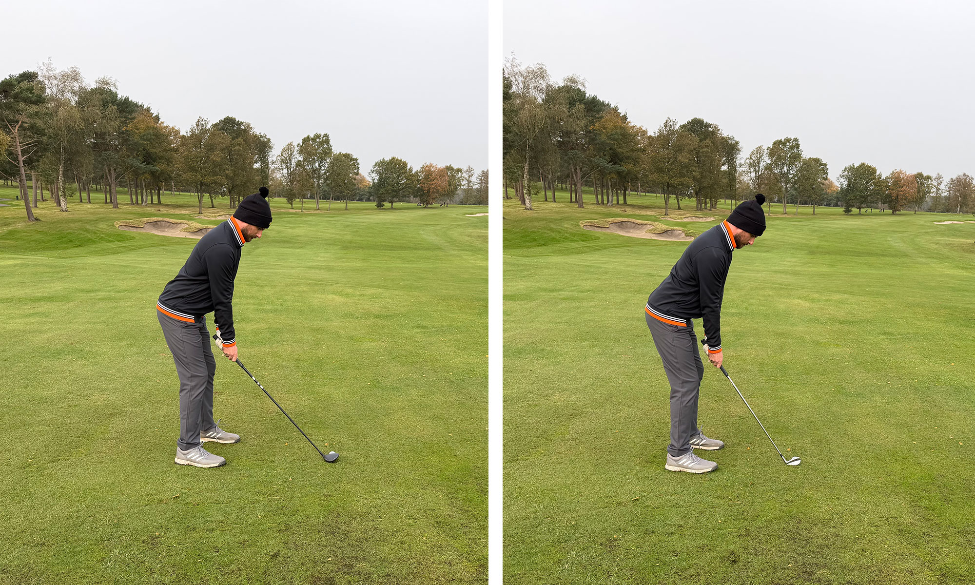 Baz Plummer in a side-by-side image, at setup with an iron for a lay up and a fairway wood to go for the green - highlighting strategy decisions in cold, wet months