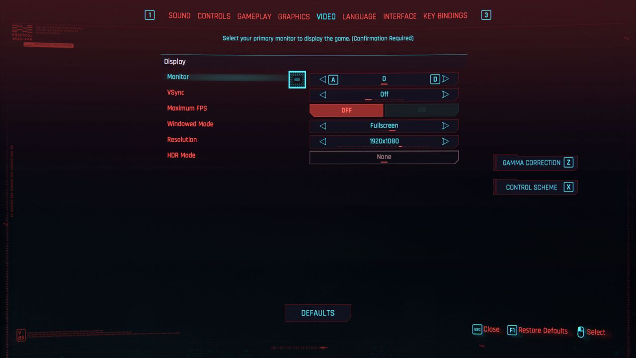Cyberpunk 2077 Settings