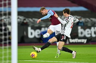 West Ham United’s Jarrod Bowen shoots and scores but his effort is ruled out for offside during the Premier League match at The London Stadium