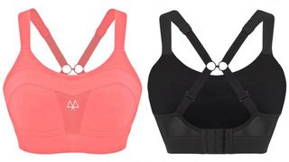 Maaree Solidarity High Impact Sports Bra, front view of the bra in pink and rear view of the bra straps in black
