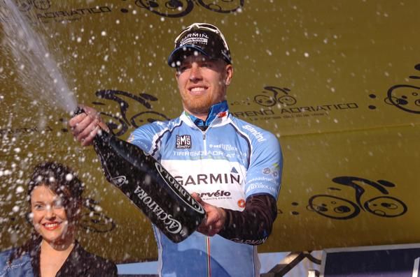 Tyler Farrar (Garmin-Cervelo) celebrates his second day in the race lead of Tirreno-Adriatico.