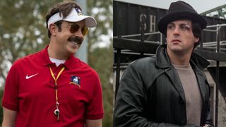 From left to right: A press image of Jason Sudeikis as Ted Lasso looking to his right and a screenshot of Sylvester Stallone as Rocky looking to his left. 
