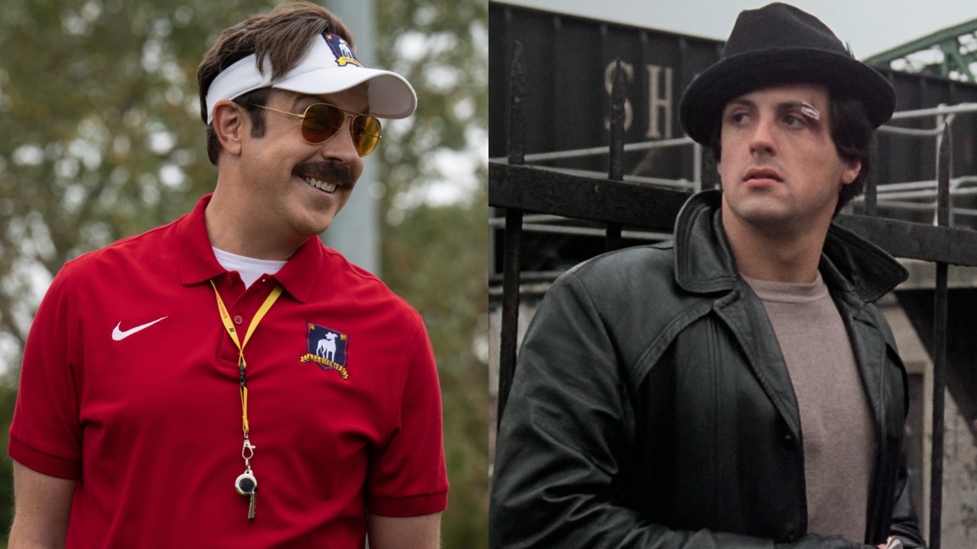 From left to right: A press image of Jason Sudeikis as Ted Lasso looking to his right and a screenshot of Sylvester Stallone as Rocky looking to his left. 