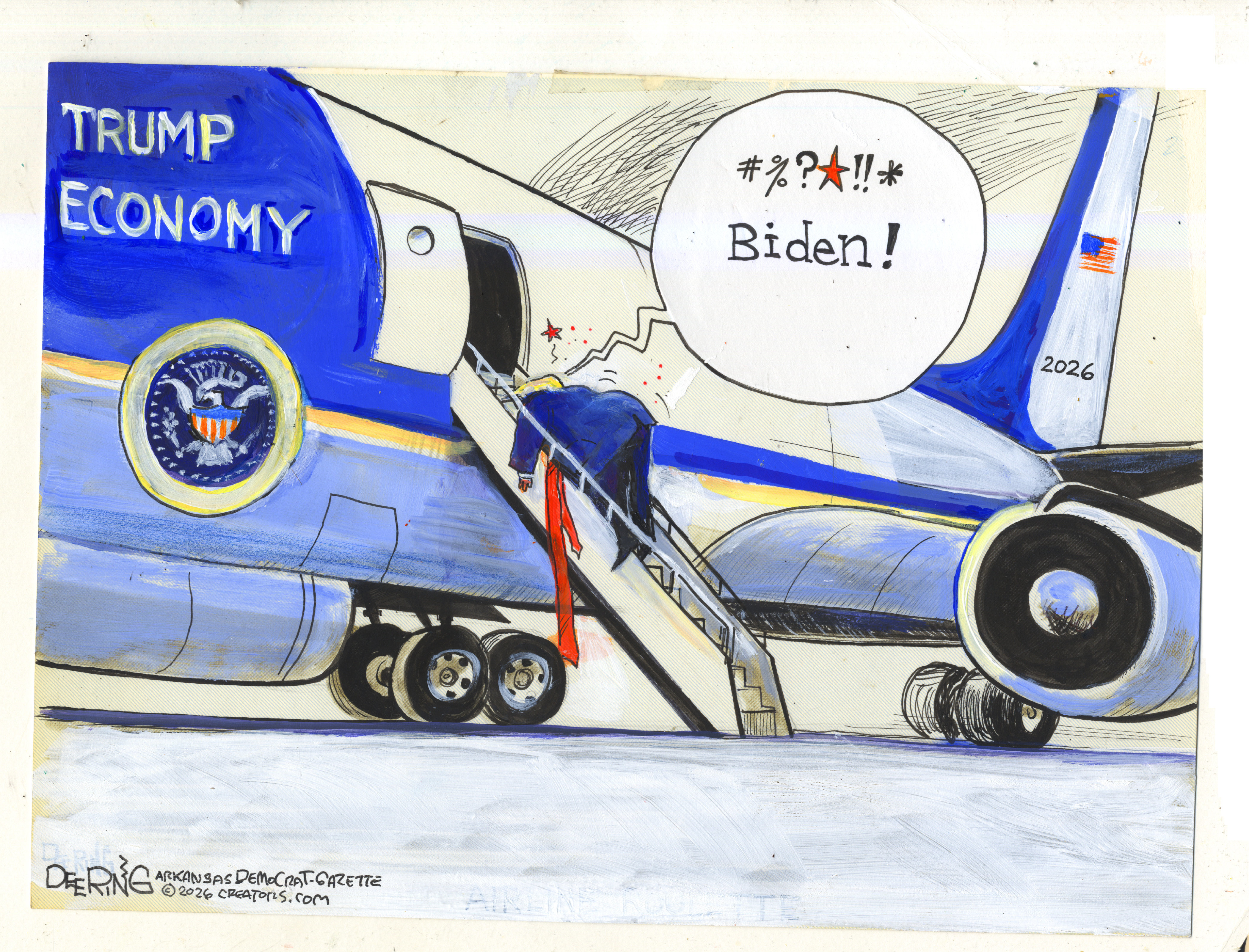 Donald Trump face-plants into the stairs leading to Air Force Once in this cartoon. The plane is named &amp;ldquo;Trump Economy&amp;rdquo; and Trump says, &amp;ldquo;(Expletive) Biden!&amp;rdquo;