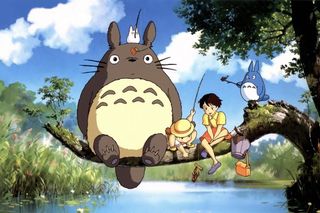 Anime characters to draw; a large furry creature draw in the anime style sits on a branch over a river, there are two children and another smaller blue animal too, they are all fishing