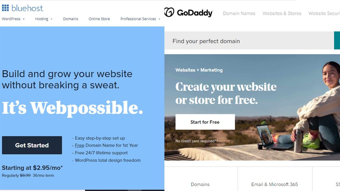 Bluehost vs GoDaddy - both homepages