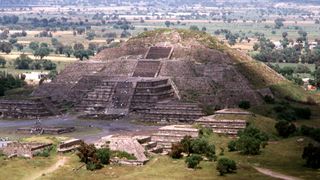 An aerial view of the pyramids at Teotihuacan in Mexico.