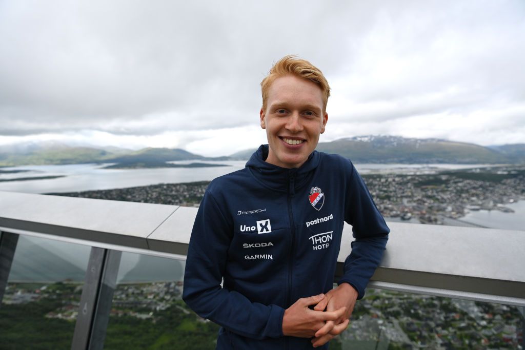 TROMSO NORWAY AUGUST 04 Andreas Leknessund of Norway and Team Norway poses during the 8th Arctic Race Of Norway 2021 Media Opportunity ArcticRace on August 04 2021 in Tromso Norway Photo by Stuart FranklinGetty Images