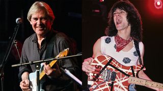 LEFT: Musician Carl Verheyen, former member of Supertramp, performs onstage during the Get Together Foundation benefit for fire relief at The Canyon on January 28, 2025 in Agoura Hills, California. RIGHT: Eddie Van Halen of Van Halen performing at Madison Square Garden in New York City on March 30, 1984.