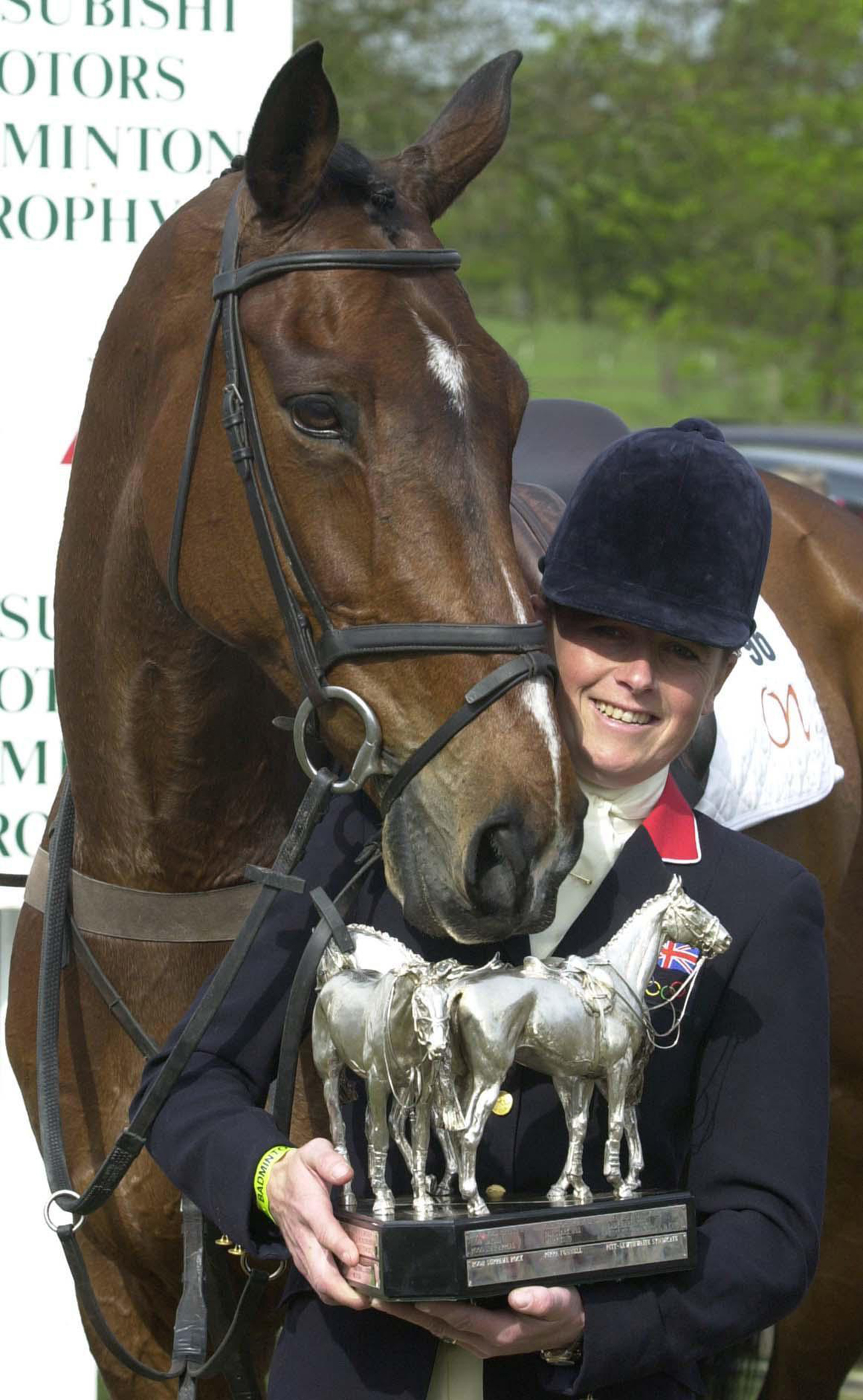 Pippa Funnell from Dorking, Surrey holds the trophy with Supreme Rock after winning the Mitsubishi Motors Badminton Horse Trials in Badminton. Pippa won Badminton last year with Supreme Rock.