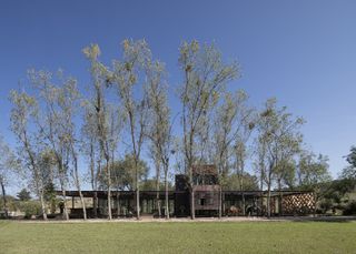 A look at the exterior of the ranch photographed during daytime. The house is surrounded by tall trees with green pasture, and the walls are all glass.