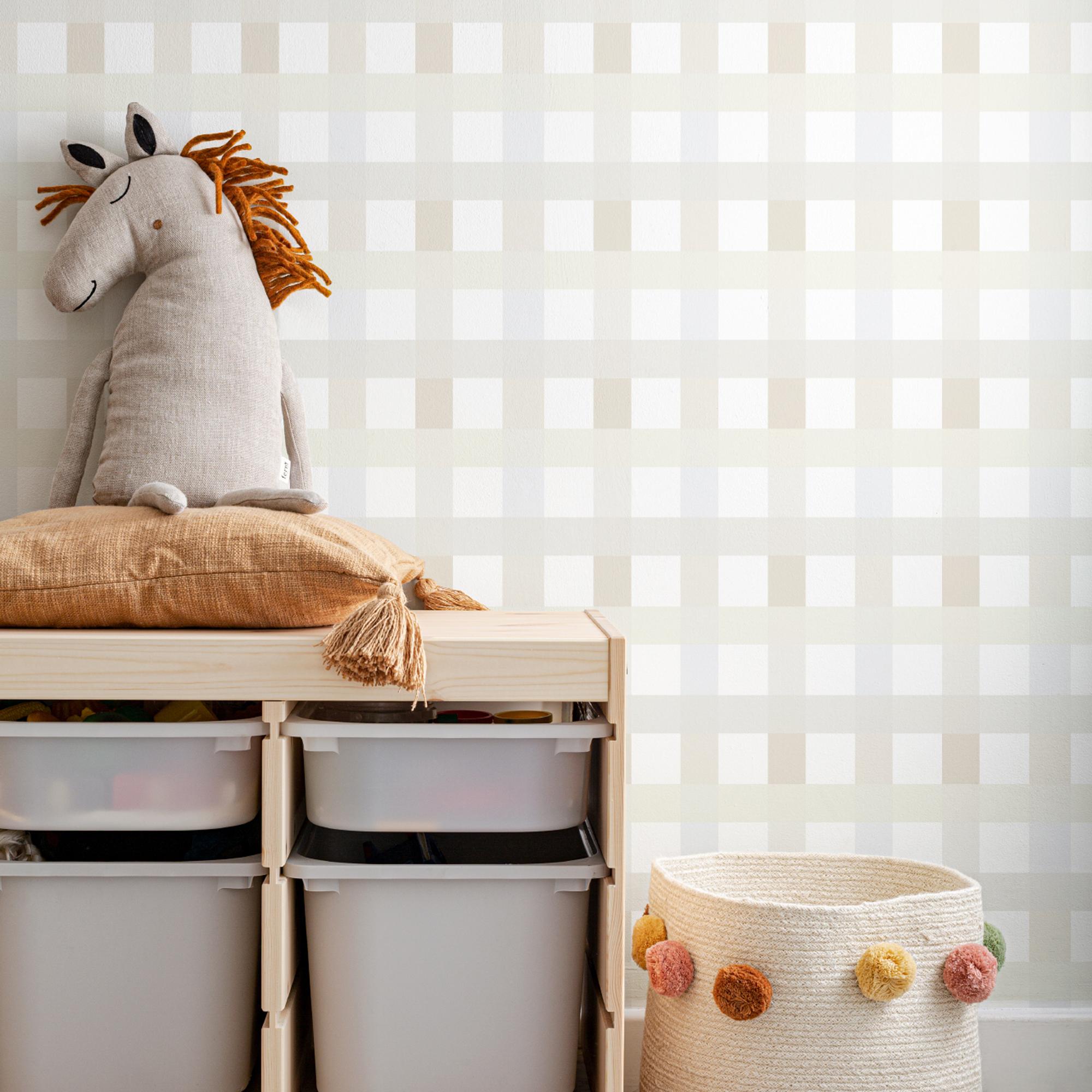 A kids bedroom with gingham wallpaper from Hovia