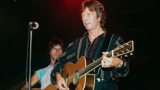 Eric Clapton (front, right) and Jeff Beck onstage in 1983 at a charity gig in Dallas, Texas