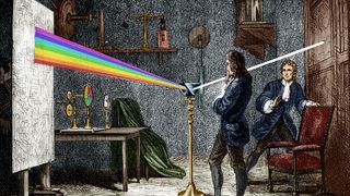 Isaac Newton (1642-1727) english mathematician, physicist and astronomer, author of the theory of terrestrial universal attraction, here dispersing light with a glass prism, engraving colorized document (Photo by Apic/Getty Images)