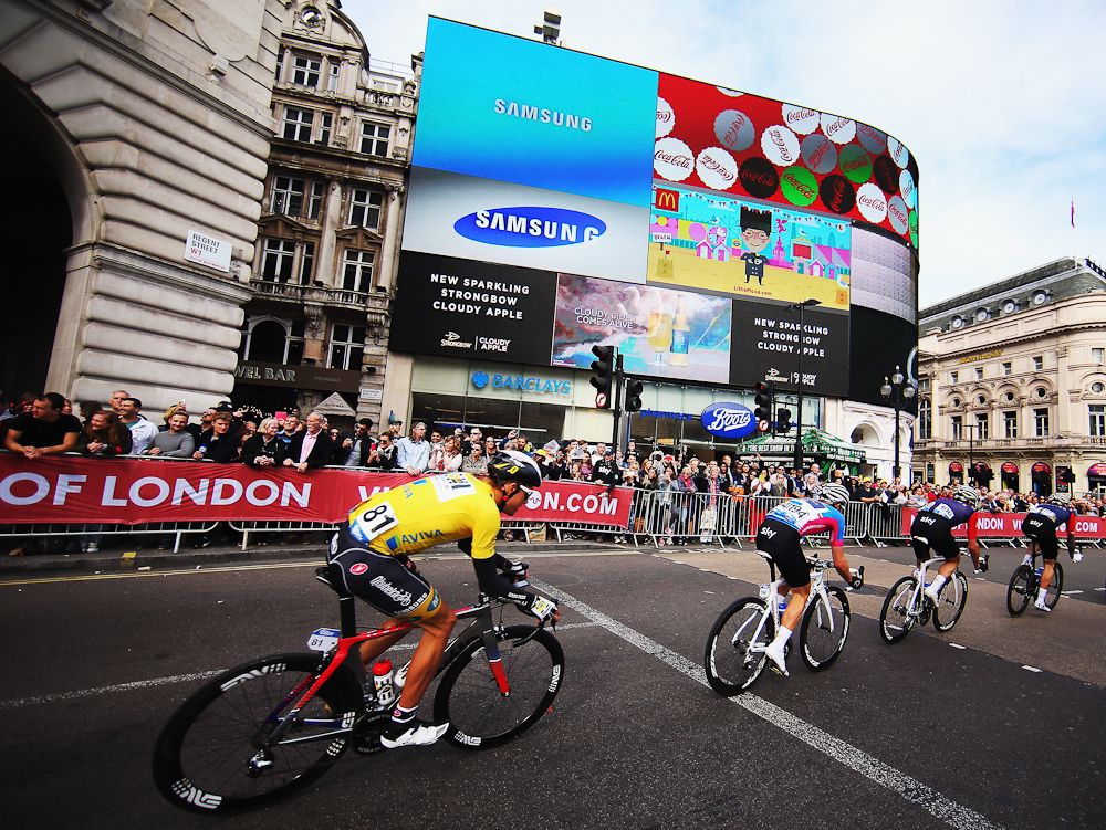 Edvald Boasson Hagen competes in downtown London during the final stage of the Tour of Britain.