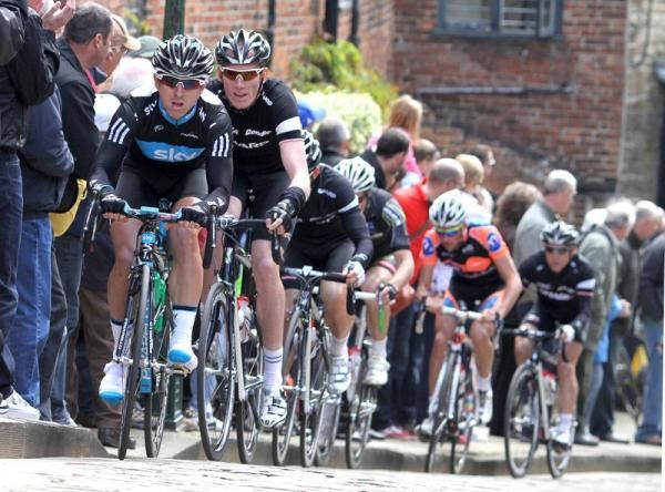 Russell Downing (Team Sky) leads the race up the cobbled climb of Michaelgate.
