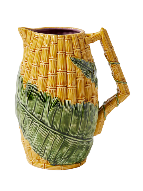 Bamboo and Fern Hand-Painted Majolica Ceramic Pitcher