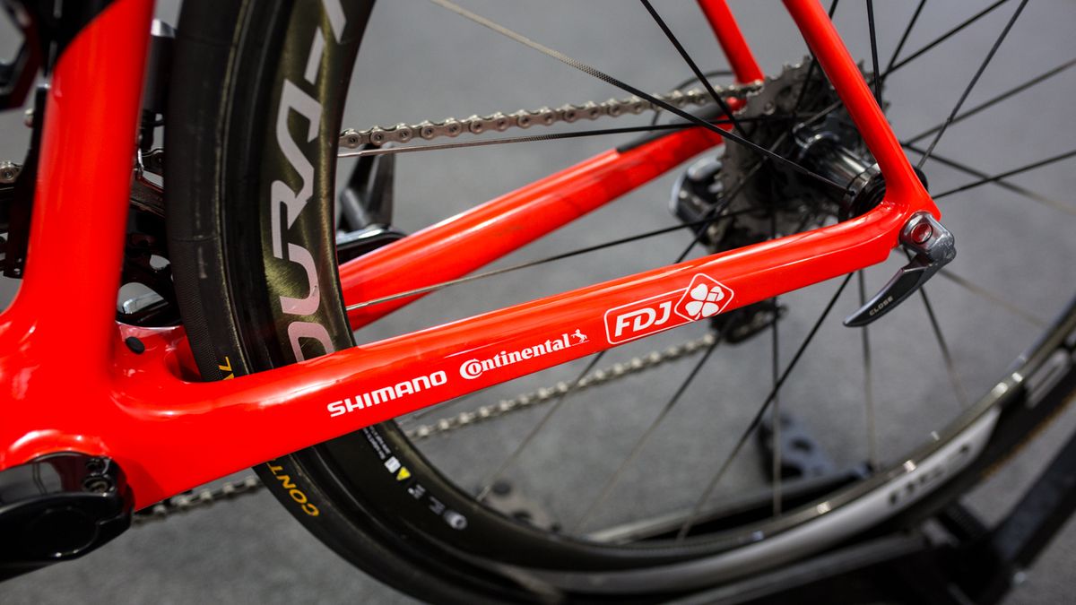 The team's sponsors adorn the chainstays