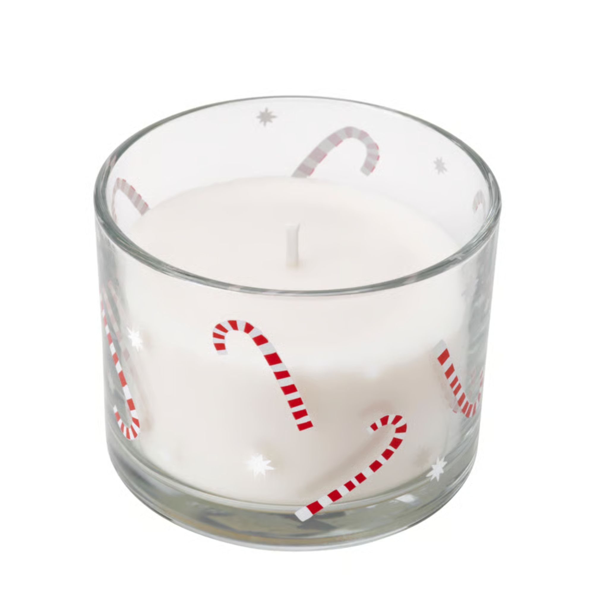 IKEA VINTERFINT christmas candle in a clear glass vessel with red and white striped candy canes