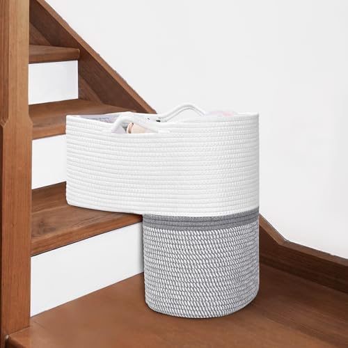 Degeyoyo Woven Stair Basket, Stair Baskets for Wooden Stairs, Carpeted Stairs Storage Basket With Handles, Staircase Baskets for Toys, Clothes, Books, Gray, 15&amp;rdquo; L X 10&amp;rdquo; W X 15&amp;rdquo; H