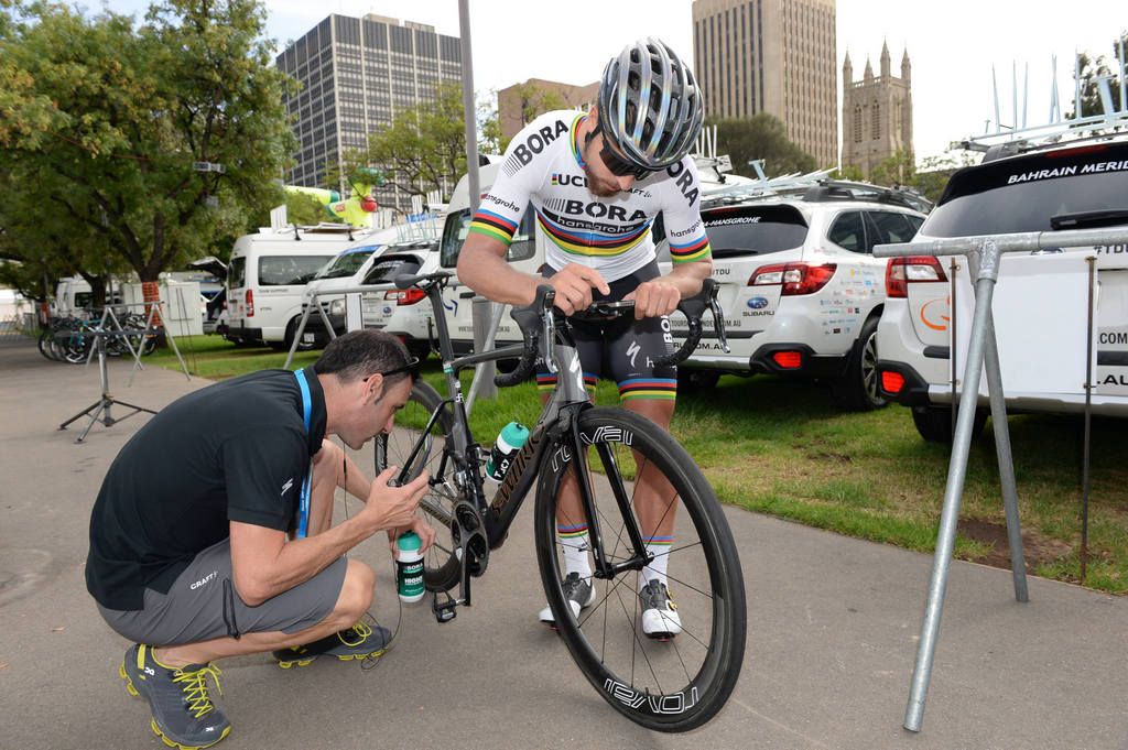 Peter Sagan checks his SRM pre-ride