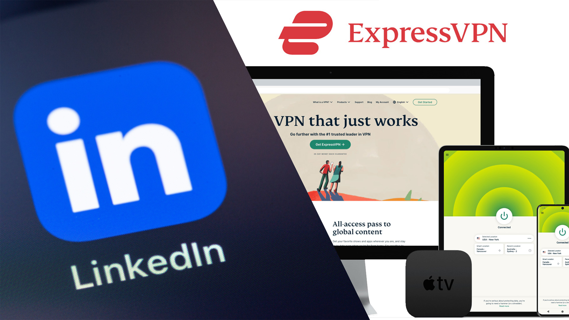 LinkedIn app logo on the left, ExpressVPN on multiple devices on the right