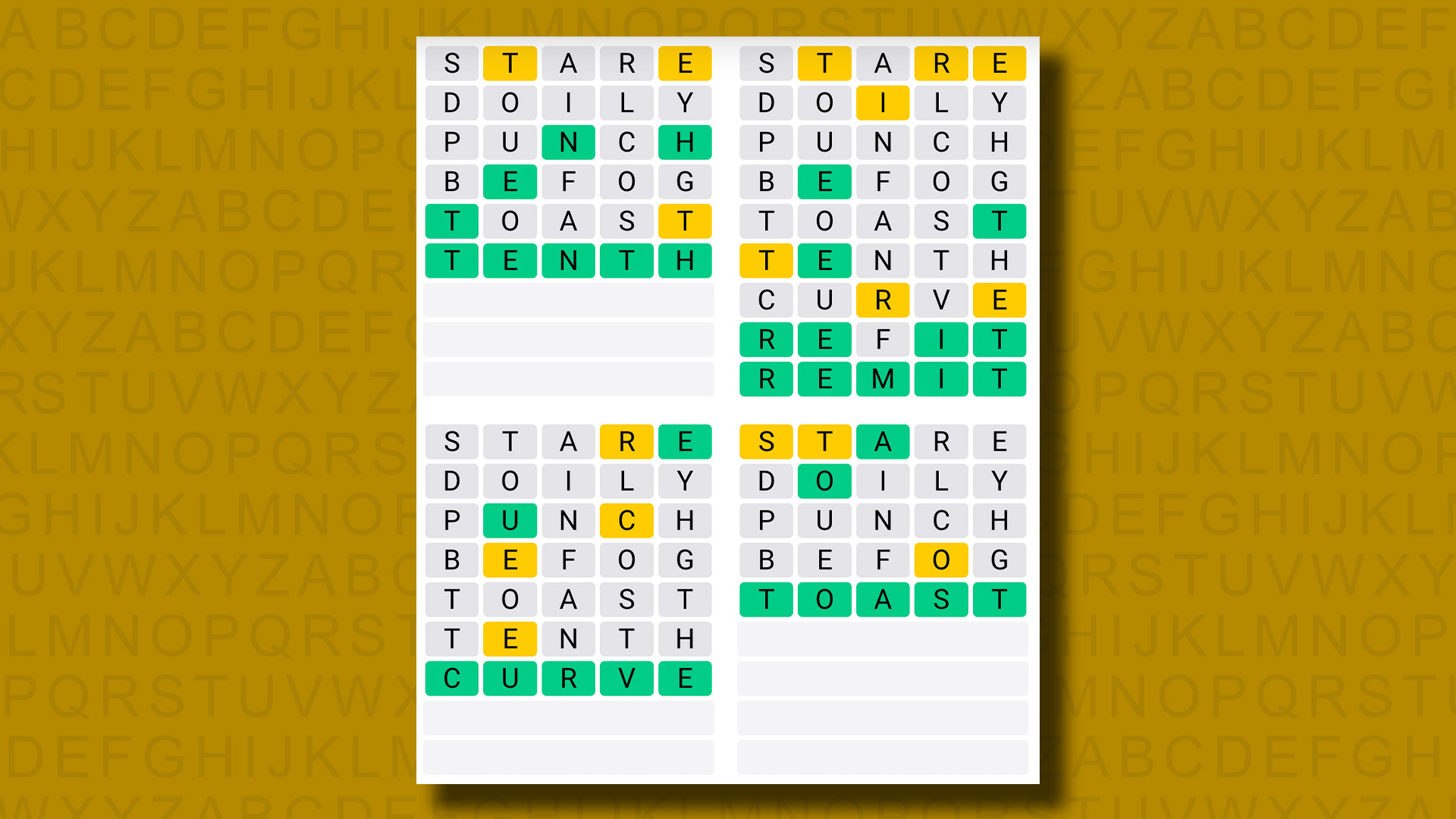 Quordle responde al juego 983 sobre un fondo amarillo