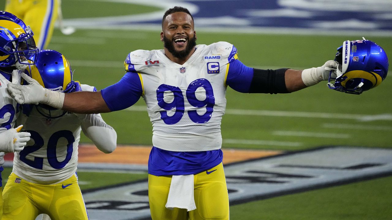 Los Angeles Rams defensive end Aaron Donald celebrates his team&amp;#039;s Super Bowl win.