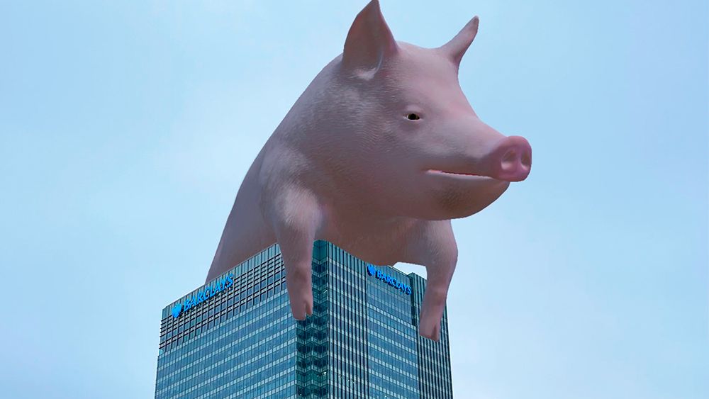 A VR pig over a UK landmark