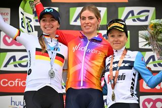 2023 La Flèche Wallonne Femmes podium (l-r): second place Liane Lippert (Movistar), winner Demi Vollering (SD Worx) and third place Gaia Realini (Trek-Segafredo)