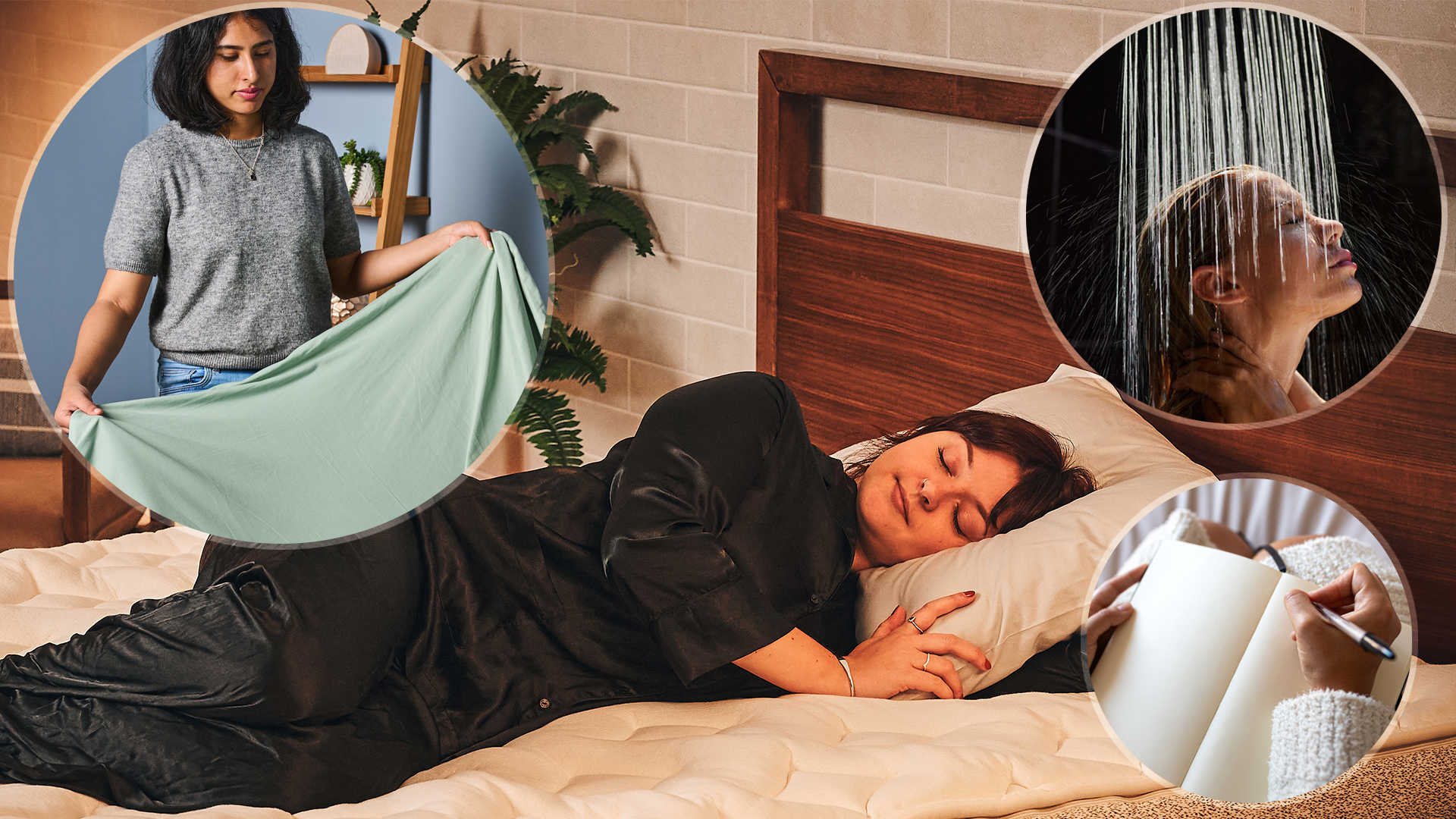 Mattress tester Lauren Jeffries sleeps on the Birch Elite mattress, surrounded by a collage of sleep hacks. Top left, bedding writer Becky George folds a set of bed sheets. Top right, a woman stands under the flow of a shower in darkness. Bottom right, a close up of a person writing by hand in a journal