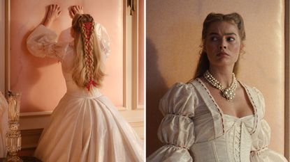 a split screen image of margot robbie in wuthering heights in her skin themed bedroom clawing at the wall on one side and looking at the camera on the other side