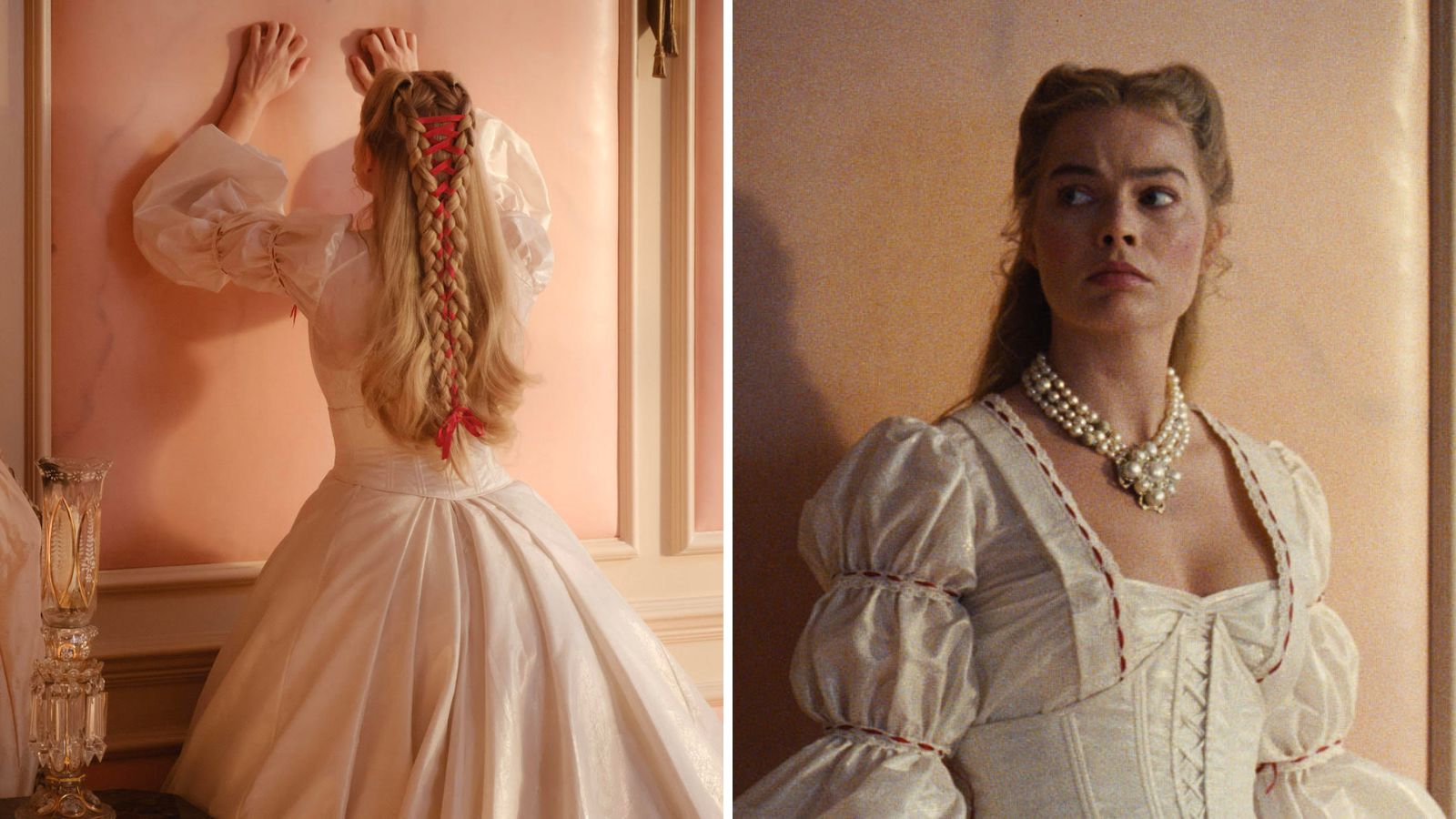 a split screen image of margot robbie in wuthering heights in her skin themed bedroom clawing at the wall on one side and looking at the camera on the other side