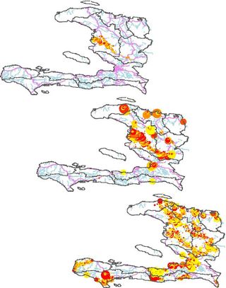This simulation shows how cholera outbreaks spread from day 5 days (top) to 120 days (bottom) of the epidemic in Haiti.