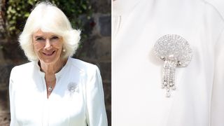 Queen Camilla side-by-side with a close-up of her Scallop Shell Brooch