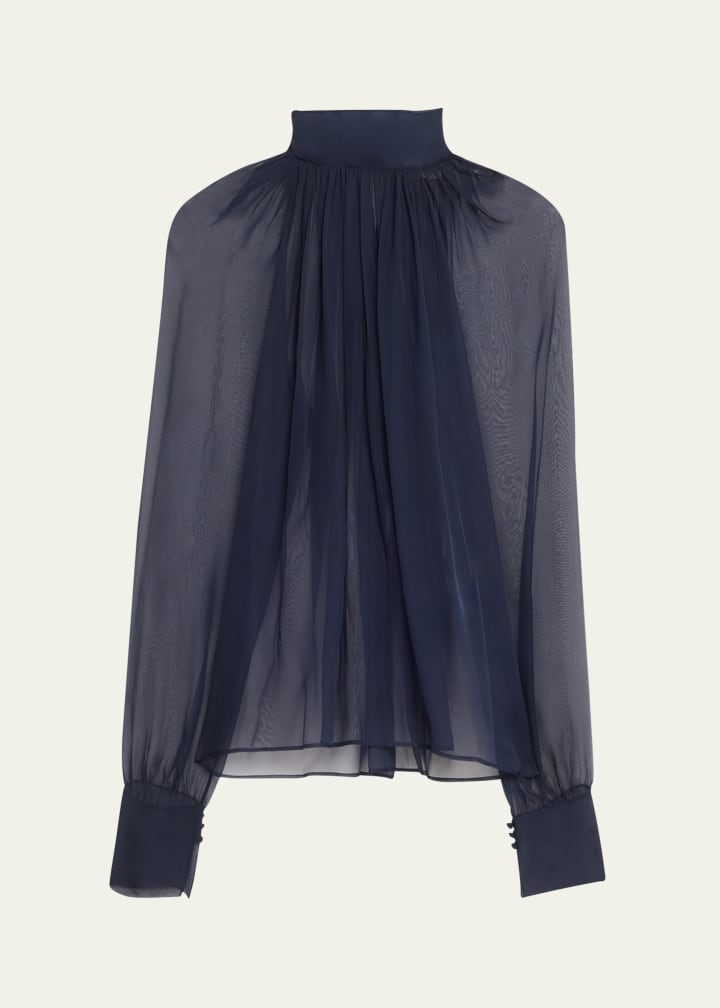 Sheer Ruched Hig-Neck Blouse