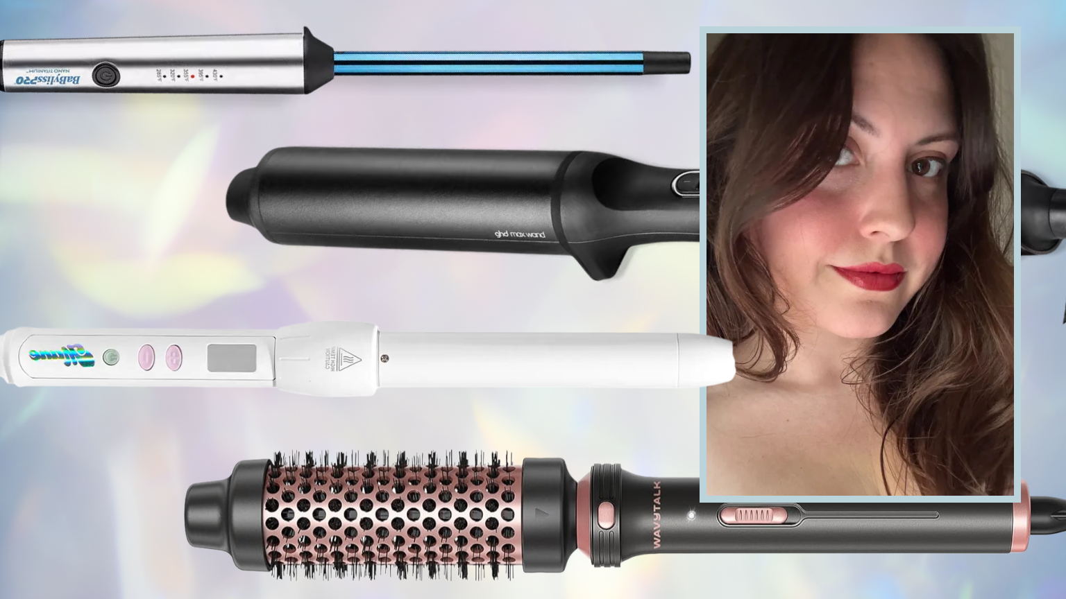 curling wands on a blue and white background next to a photo of a brunette woman