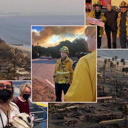 A photo collage of photos featuring women featured in the article who worked on the frontline of the LA fire zones. Background photo shows the fire-damaged neighborhoods of Palisades, California.