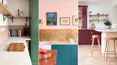 L-shaped kitchen ideas are so chic. Here are three of these - a white countertop with pink tiles and wooden shelves above it, a pink kitchen with a gold splashback and teal blue kitchen island, and a light pink kitchen island with burgundy cabinets behind it
