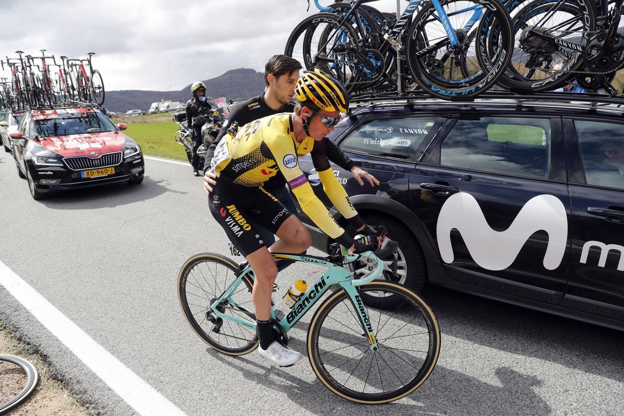 Sepp Kuss (Jumbo-Visma) gets going after a crash