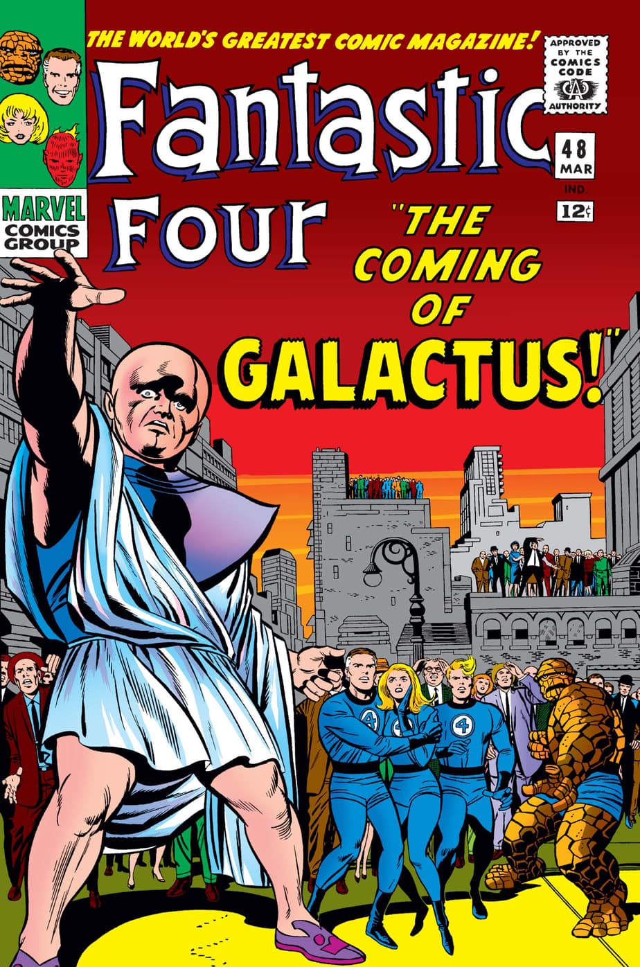 A bald-headed entity and a cowering superhero team on a comic book cover