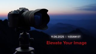 A photograph of an unidentified camera and lens on a tripod against the sunset with the words "11.06.2025 1 AM EST Elevate your image"