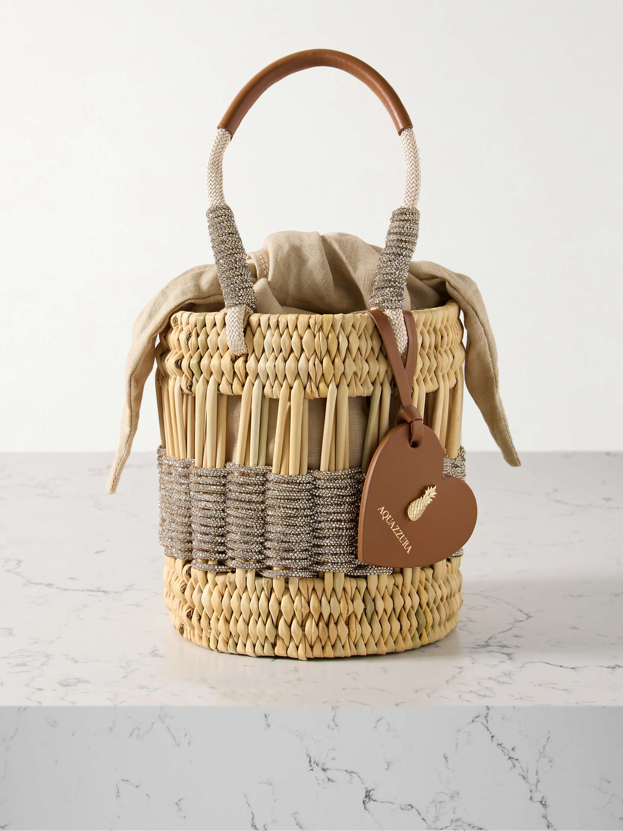 Sunkissed Crystal-Embellished Leather-Trimmed Raffia and Canvas Tote