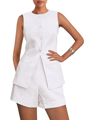 Prettygarden Women's 2 Piece Sets 2025 Summer Trendy Button Down Suit Vest Tops High Waisted Shorts Business Casual Outfits (white,medium)