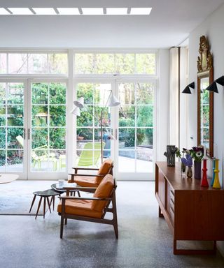 Mid-century living room with brown furniture