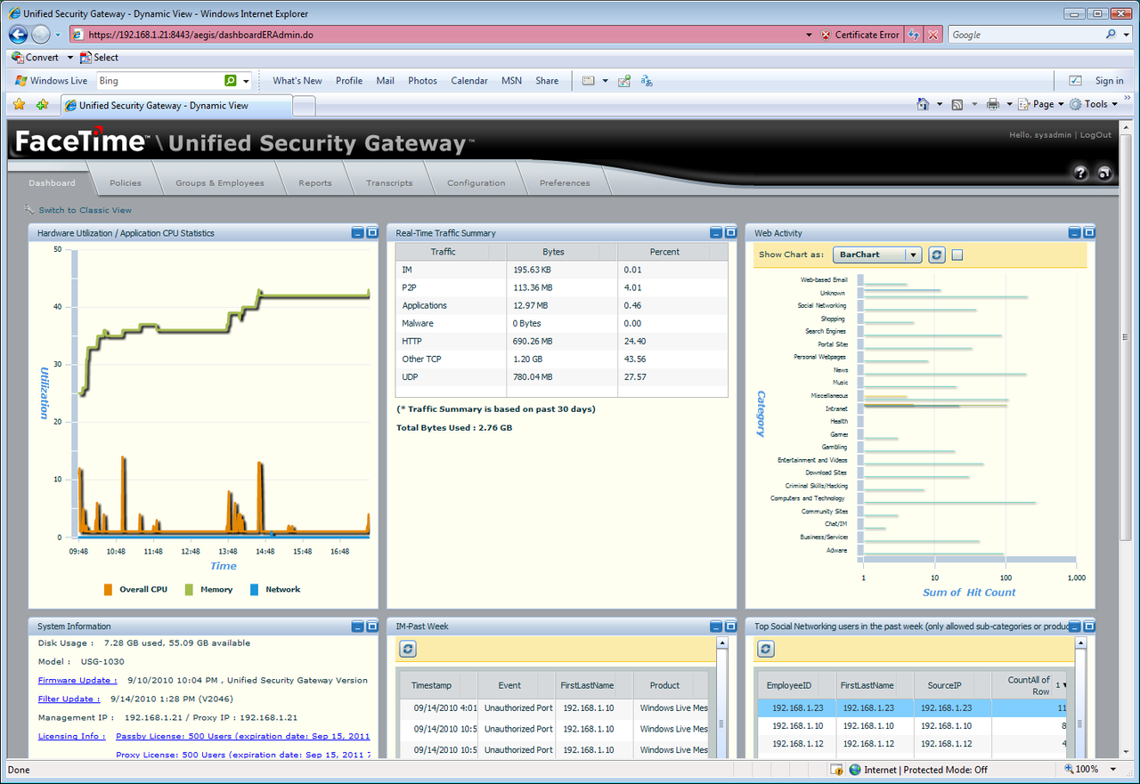 The new dynamic dashboard provides Flash-based real-time views of network activity.