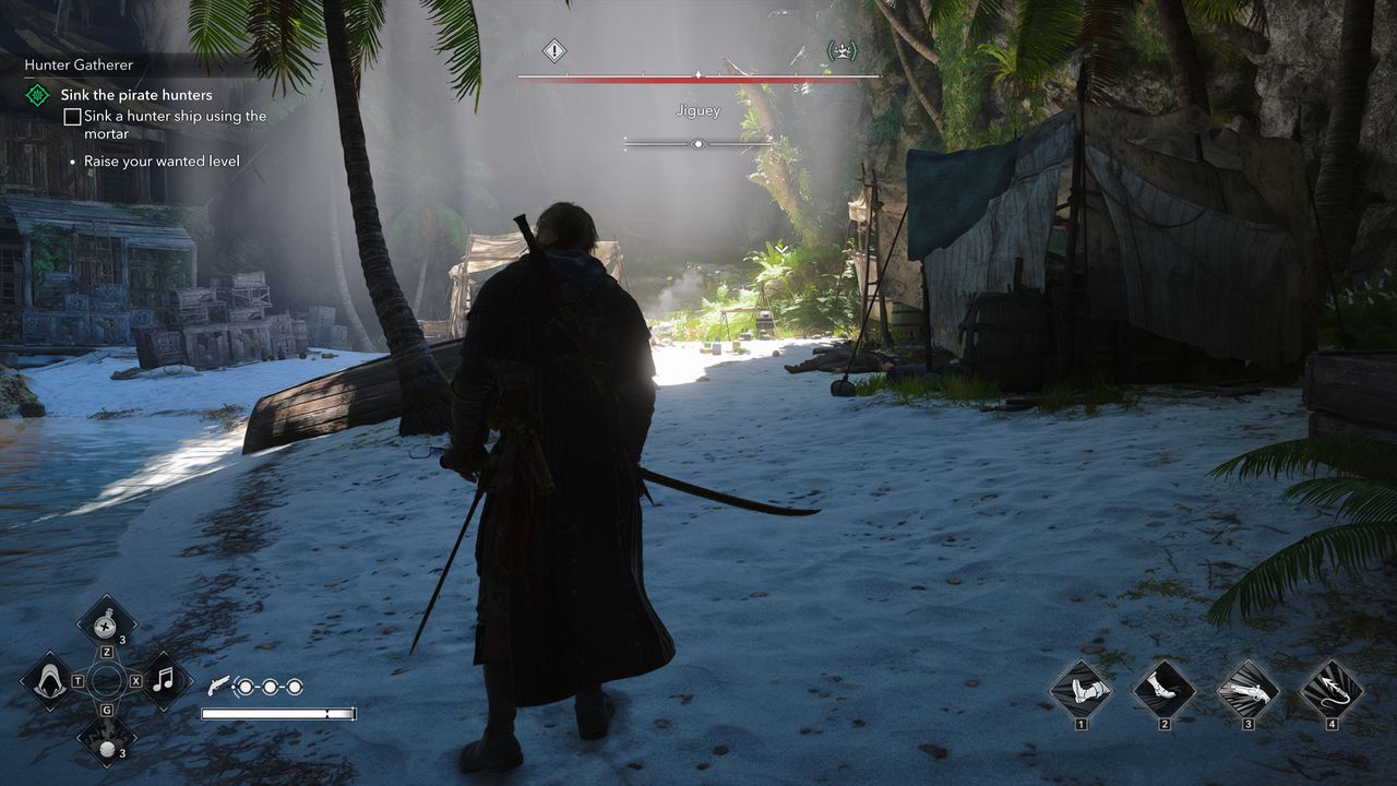 Black Flag treasure maps: Edward standing next to a palm tree and tents inside a cave.