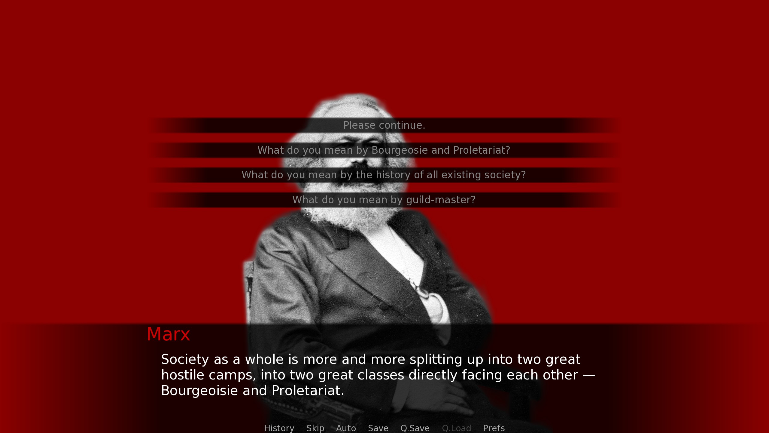 Dialogue options in The Communist Manifesto: you can ask Marx to explain terms.