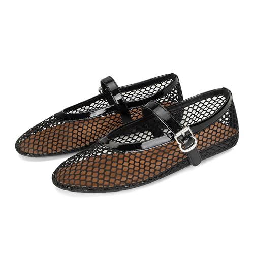 Doeyg Black Mesh Ballet Flats for Women Round Toe Mesh Flats Ballerina Shoes Buckle Strap Mesh Mary Jane Flats Comfortable Casual Dress Summer Fishnet Flats Shoes Size 9