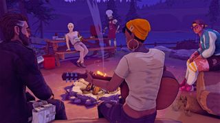 The main characters sit around a fire in Dustborn